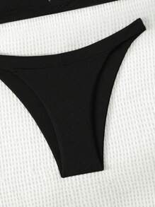 SHEIN Swim Summer Beach Women's Solid Color Halter Neck Bikini Set - Black - View 5