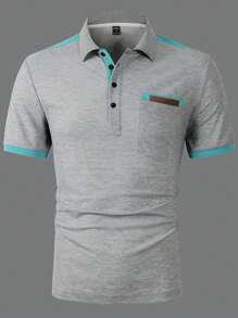 Manfinity Homme Men Office Color Block Patch Detail Collar Polo Shirt, For Husband - Grey - View 5