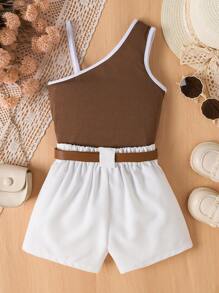 SHEIN Young Girls' 2pcs Color Block Top With Solid Color Suit Shorts And Belt Summer Holiday - Brown - View 2
