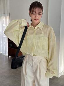 FRIFUL Women's Dropped Shoulder Texture Fabric Shirt With Front Pocket Sheer Long Sleeve Top - Beige - View 1