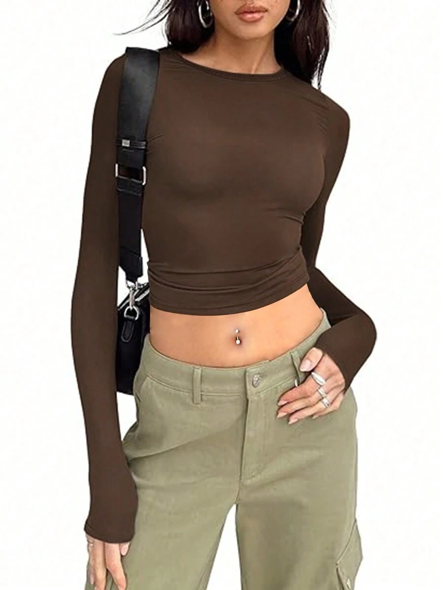 INAWLY Camiseta crop unicolor fruncido lateral - Café integral - Ver 1