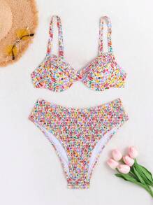 Swim Mod Summer Beach Ditsy Floral Ruffled Bikini Set - Multicolor - View 3