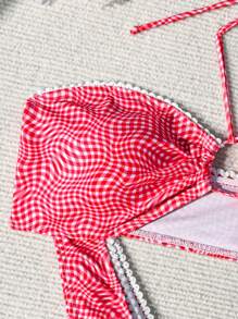 Swim Mod Summer Beach Women's Wavy Check Pattern Lace Trim Bandeau Bikini Set Valentine - Pink - View 5