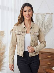 SHEIN LUNE Women's Khaki Denim Jacket - Khaki - View 6