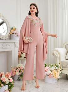 Al Najma Women's Jumpsuit With Cape Sleeve And Embroidery Decor