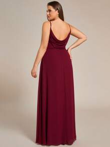 Plus Elegant V Neck Spaghetti Strap Ruched Bust Bridesmaid Gown Summer Long Dresses - Burgundy - View 2