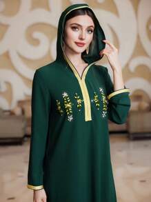 Al Najma Women's Hooded Arabic Style Dress With Rhinestone Decoration - Dark Green - View 1