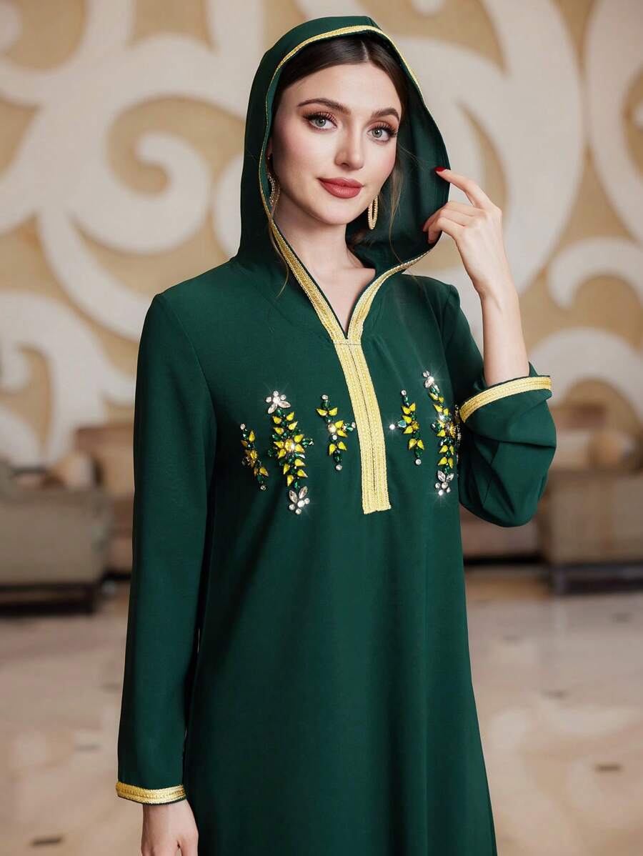 Al Najma Women's Hooded Arabic Style Dress With Rhinestone Decoration - Dark Green - View 1