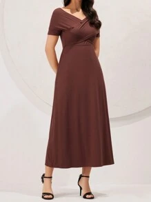 Modelyn Solid Colored Wrap Front Dress - Coffee Brown - View 5