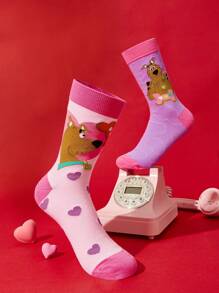 SCOOBY-DOO X SHEIN 2 Pairs Romantic Women's Heart Pattern Crew Socks,Valentine's Day - Multicolor - View 5