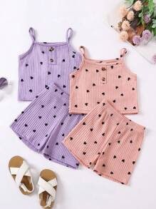 SHEIN Young Girl Valentine's Day Heart Printed Cami Top & Casual Shorts Set - Multicolor - View 1