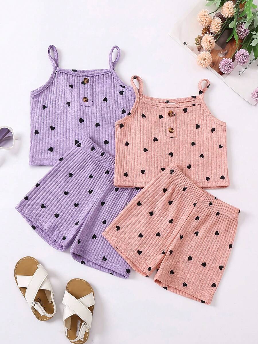 SHEIN Young Girl Valentine's Day Heart Printed Cami Top & Casual Shorts Set - Multicolor - View 1