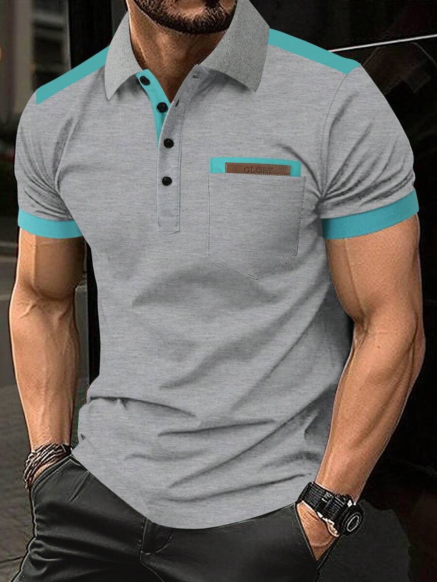 Manfinity Homme Men Office Color Block Patch Detail Collar Polo Shirt, For Husband - Grey - View 1
