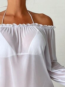 SHEIN Swim 女款扇貝邊露肩長袖洋裝嘉年華 - 白色 - 查看 4