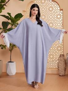 Al Najma Patchwork V-Neck Kaftan Dress - Grey - View 4