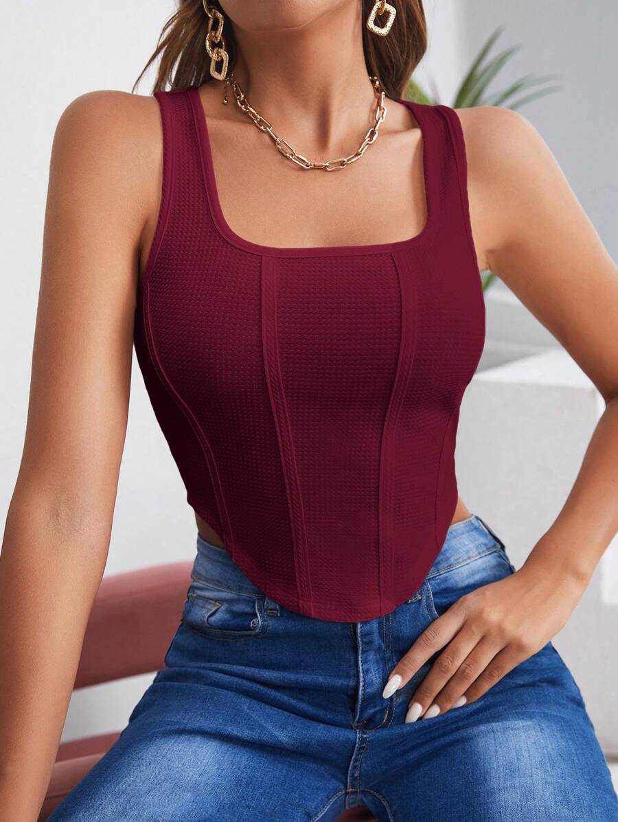 SHEIN BAE Camiseta Sin Mangas Asimétrica Con Dobladillo Para Mujeres En Color Sólido - Granate - Ver 1