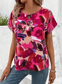 SHEIN LUNE Women's Random Printed Batwing Sleeve Blouse,Short Sleeve Tops