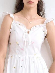 Simple Retro Women Ruffle Floral Embroidery Slip Midi Dress - White - View 5