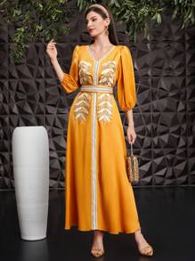 Al Najma Women's 3/4 Lantern Sleeve Embroidered Dress With Waist Cinched - Yellow - View 5