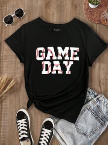 SHEIN LUNE 比赛日休闲棒球图案短袖修身女式 T 恤，适合夏季 - 黑色 - 查看 1