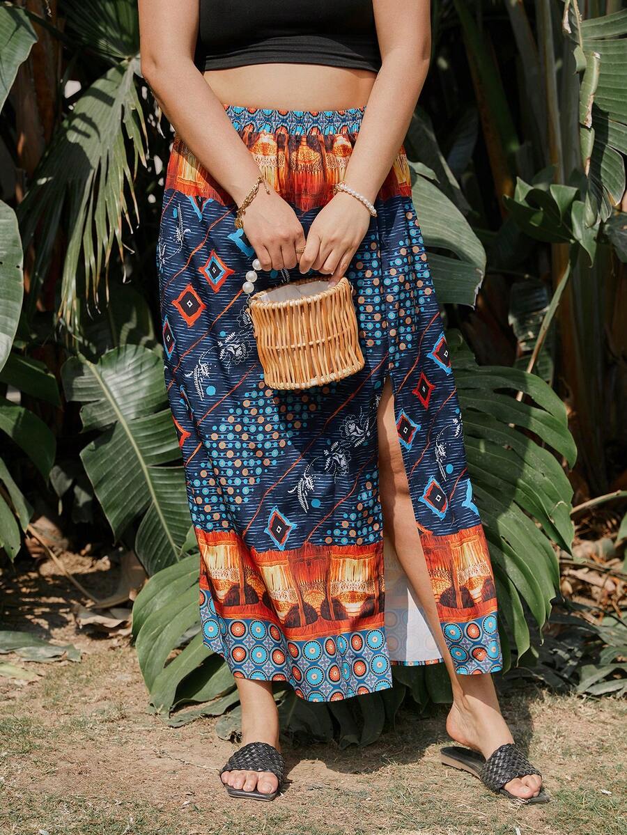 SHEIN LUNE Kích thước lớn Của phụ nữ Hình học In Bên Khe Viền không đối xứng Váy - Nhiều màu - Xem 1