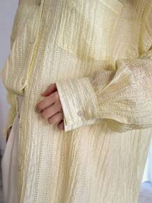 FRIFUL Women's Dropped Shoulder Texture Fabric Shirt With Front Pocket Sheer Long Sleeve Top - Beige - View 7