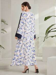 Al Najma Floral Print Notch V-Neckline A-Line Dress Kaftan Jalabiya Dress - Multicolor - View 2