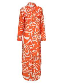 女士时尚长袖图案印花衬衫领休闲长裙 - 橘色 - 查看 4