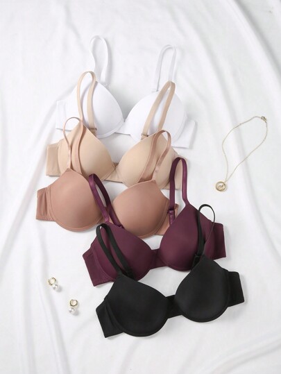 Sujetador De Color Sólido Para Mujer Con Aro, 5 Piezas Conjuntas