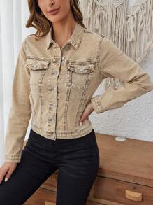 SHEIN LUNE Women's Khaki Denim Jacket - Khaki - View 4