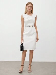 BizChic Của phụ nữ Không đối xứng Vòng cổ Màu thuần Đầm - trắng - Xem 1