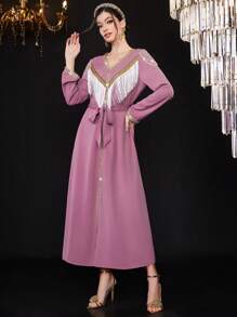 Al Najma Women's Long Sleeve Tassel Patchwork Arabian Style Dress - Pink - View 5