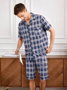 Conjunto De Ropa De Estar Por Casa Para Hombre Con Camisa De Cuadros De Manga Corta Y Pantalón Corto Con Bordes Enrollados