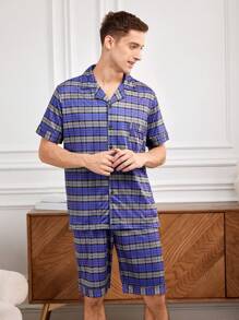 Men's Plaid Short Sleeve Homewear Set - Purple - View 3