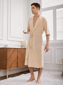 Men's Half-Sleeve Mid-Length Sleepwear Robe - Apricot - View 7
