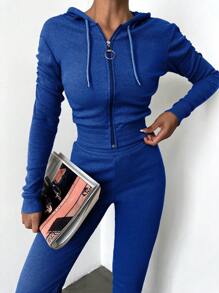 EURMUSE Zip Up Drawstring Hoodie & Ruched Leggings - Blue - View 5