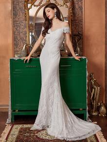 White Netted Yoke Lace Mermaid Wedding Dress - White - View 8