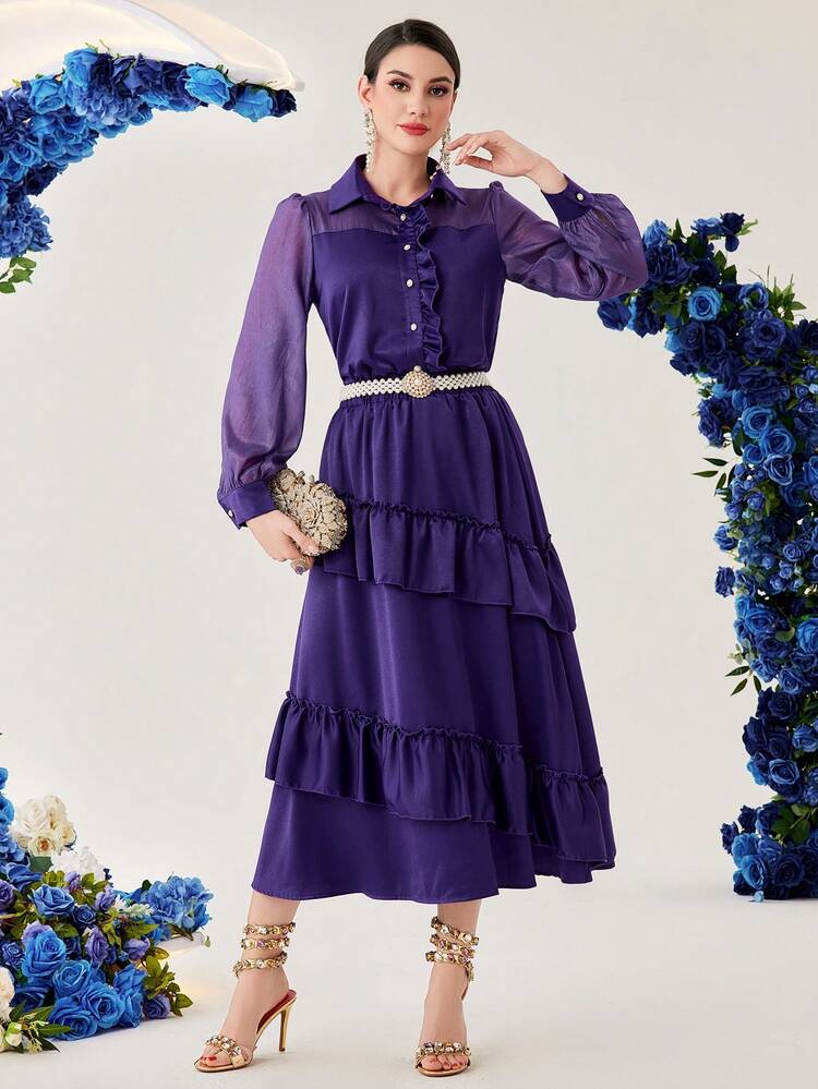 Women's Solid Color Shirt Collar Lantern Sleeve Top And Tiered Ruffle Skirt Set 2 Piece Set