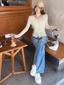 DAZY Áo khoác cardigan dài tay xếp ly hở phía trước cho nữ, trang phục mùa thu - Màu be - Xem 6