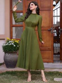 Modelyn 女士立領長袖連衣裙 - 綠色 - 查看 3