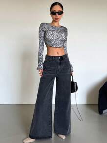 DAZY Short Crop Long Sleeve Leopard Print Round Neck Tie-Dye Elastic Women's T-Shirt Cheetah Print,Fall Clothes - Grey - View 5