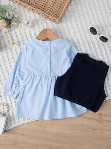 SHEIN Baby Girl Striped Shirt With Bow Decorated Sweater Vest Set - Blue - View 2