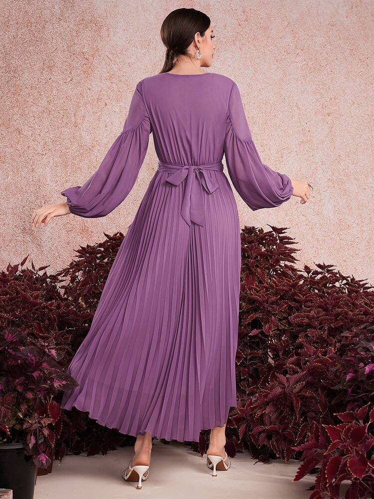 Wrap-Neckline Lantern Sleeve Dress With Pleated Hem Fall Cloth For Women