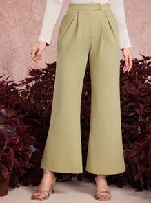 Mulvari Women's High Waisted Pleated Detail Flared Pants - Green - View 5