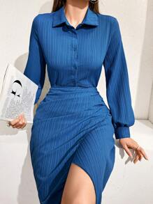 Modelyn Women's Shirt Collar & Open Split Skirt 2 Pieces Set - Blue - View 8