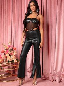 Hauture Conjunto de dos piezas con top bustier de lentejuelas y pantalón acampanado - Negro - Ver 5
