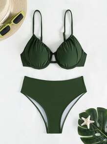 Swim Basics Summer Beach Ladies' Ruched Underwire Separated Bikini Set - Army Green - View 3
