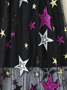 SHEIN 青少女休閒街頭風格網紗裙,帶有字母印花,星星亮片和拼接設計 - 黑色 - 查看 5