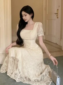 DAZY Damen einfarbiges Spitzenkleid mit kurzen Ärmeln, Geburtstag, Silvester, Sommer Sommerkleid, Abschlussball Kleid, elegante Damenkleider - Beige - Übersicht 8