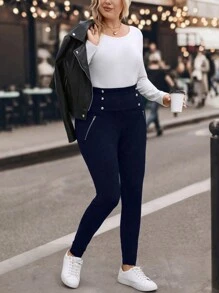 SHEIN Clasi Women's Simple Plus Size Leggings - Navy Blue - View 5